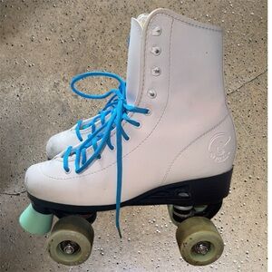 Sure-Grip White Roller Skates w/ Blue Laces